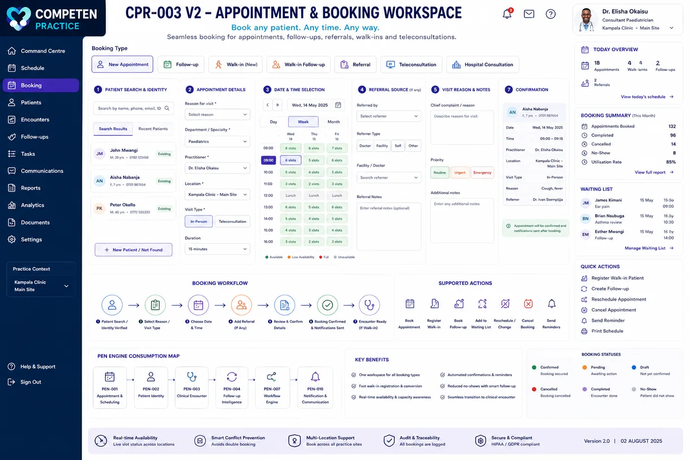 The appointment and booking workspace showing booking type, patient search, date and time selection and a confirmation summary