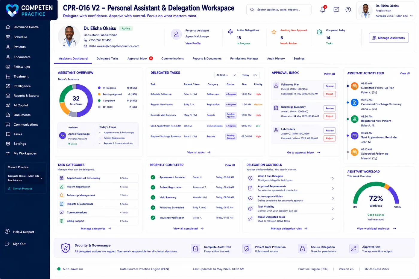 The personal assistant and delegation workspace showing an assistant overview, delegated task queue, approval inbox, delegation controls and audit trail