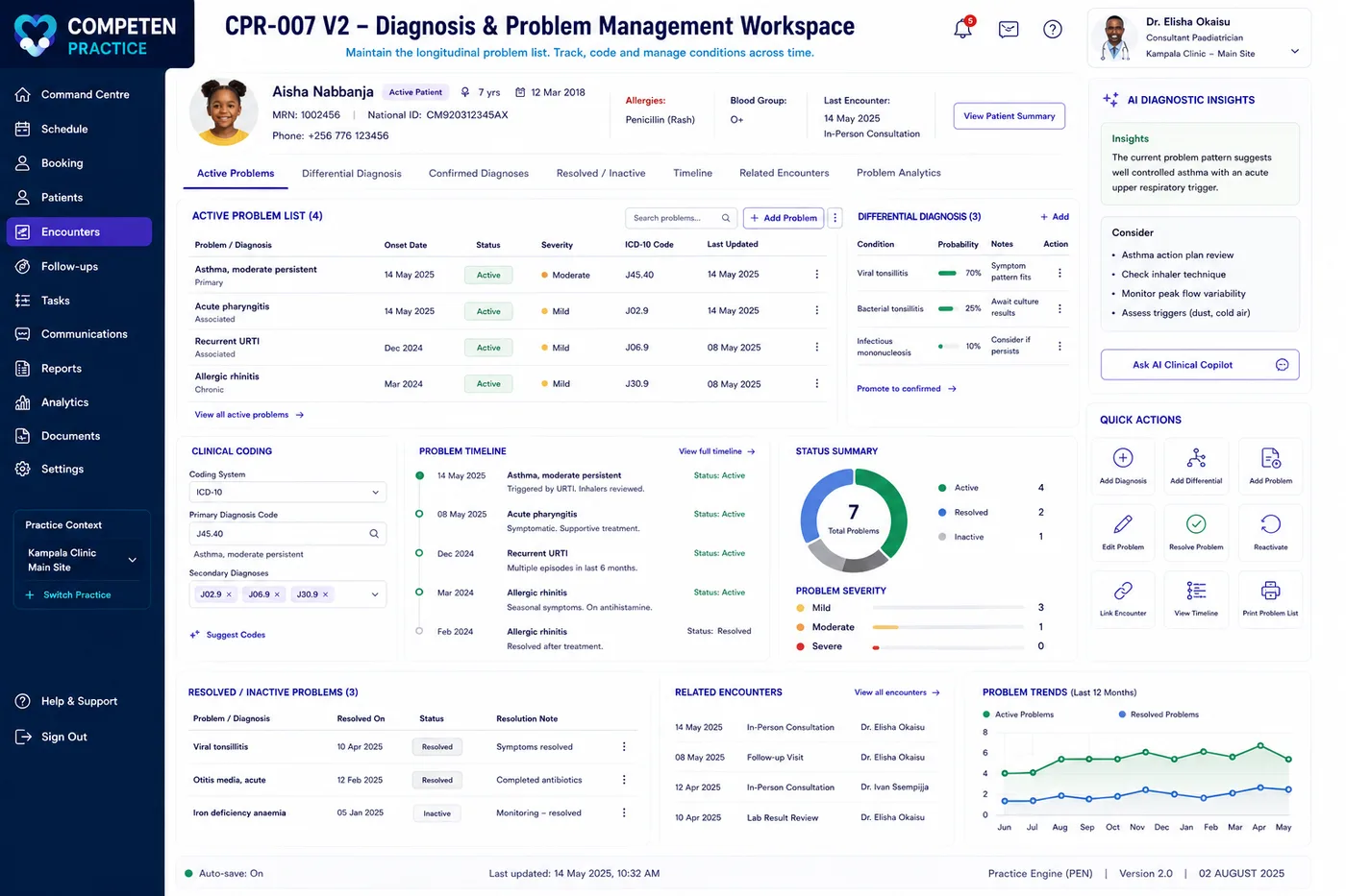 The diagnosis and problem management workspace showing the active problem list with ICD-10 codes, differential diagnoses, a problem timeline and status summary