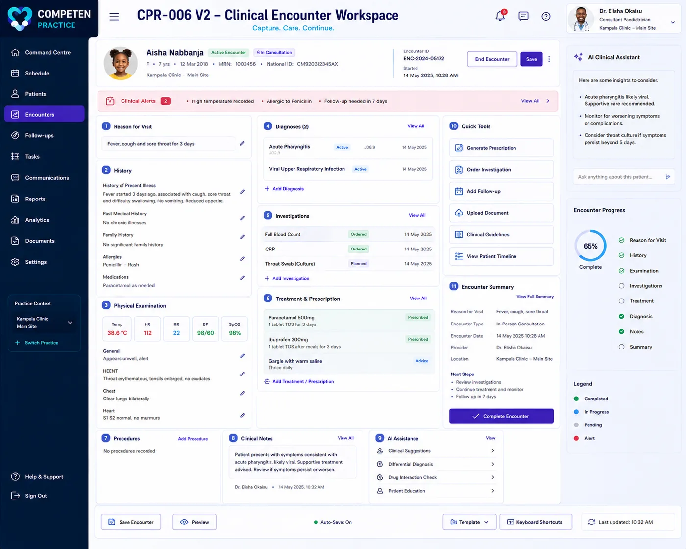 The clinical encounter workspace showing reason for visit, history, examination, diagnoses, investigations, treatment and encounter progress