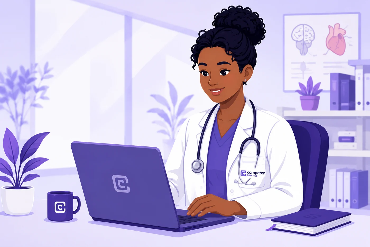 Illustration of a clinician working at a laptop in a consulting room