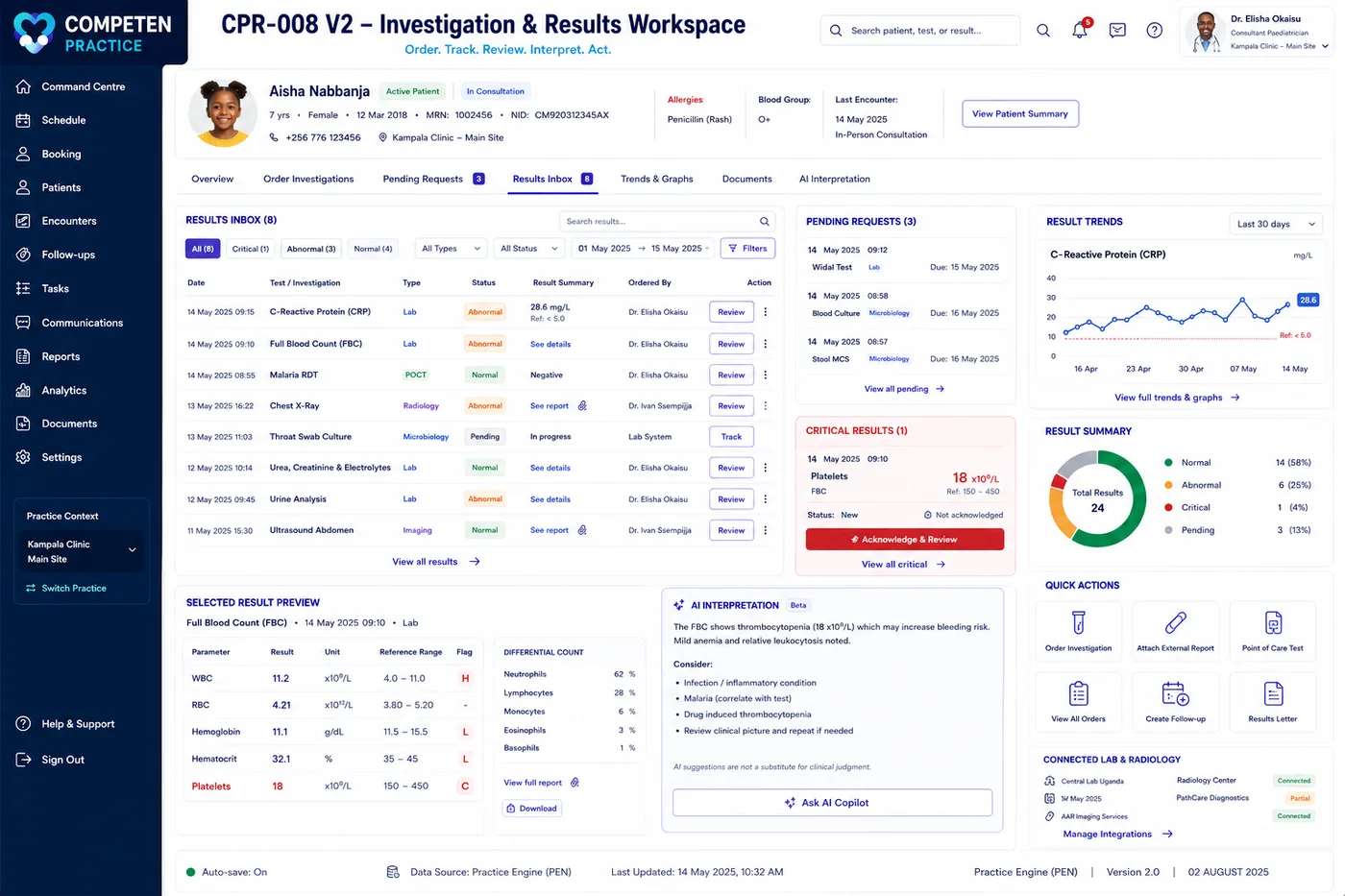 The investigation and results workspace showing a results inbox with abnormal and critical flags, pending requests, result trends and an interpretation panel