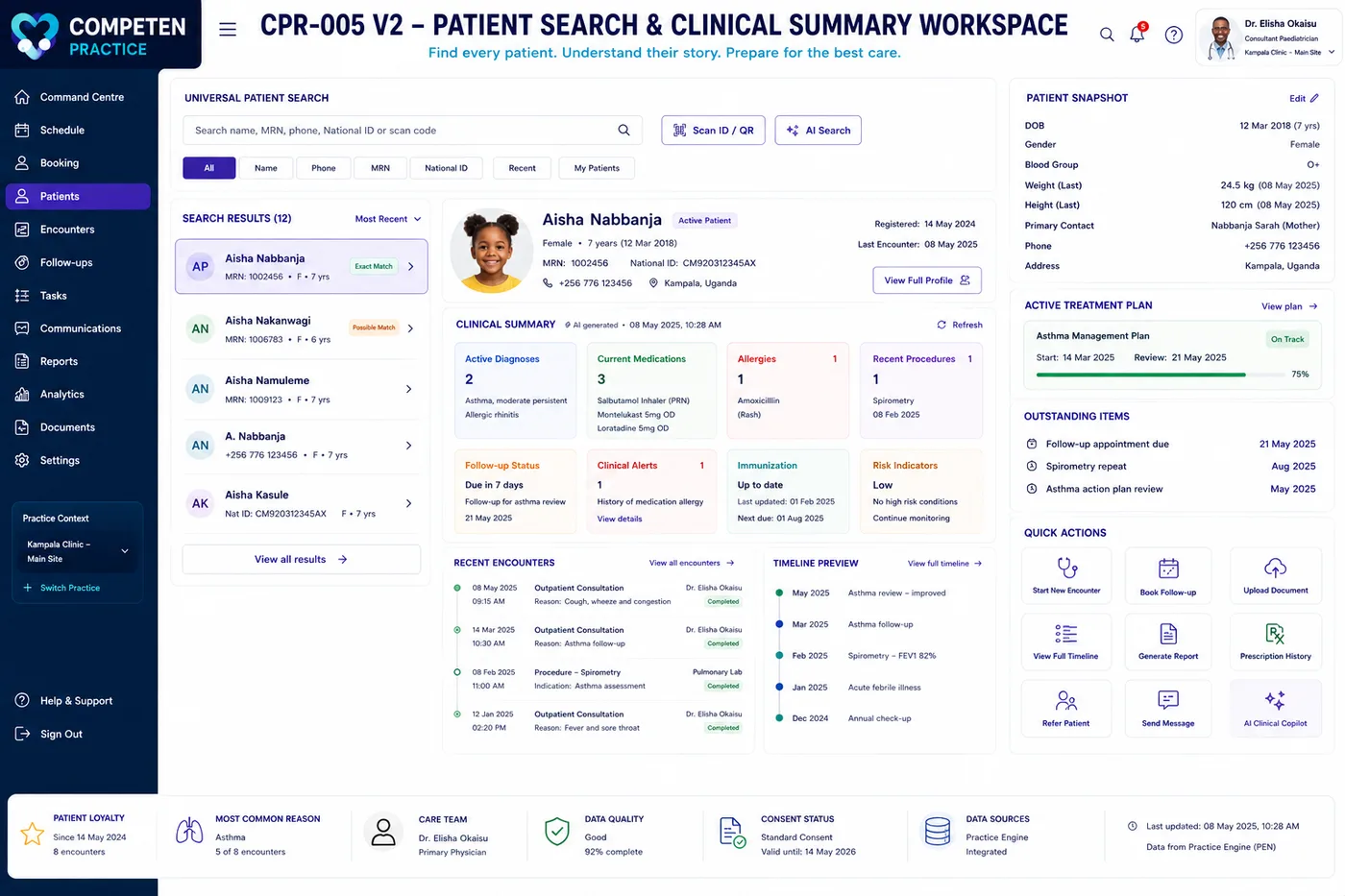 The patient search and clinical summary workspace showing search results, a patient snapshot, clinical summary cards and recent encounters