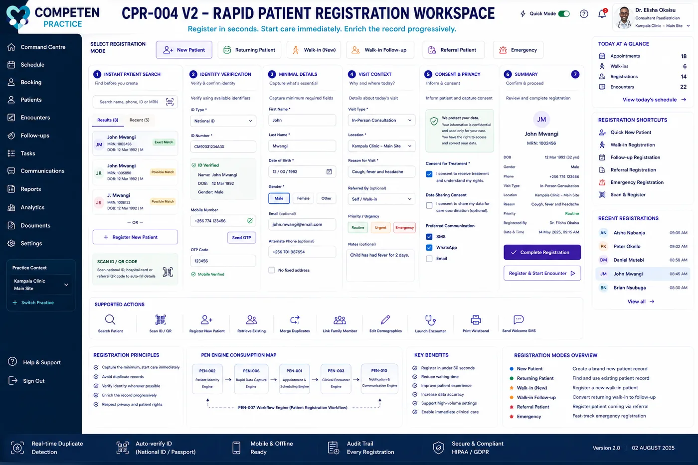 The rapid patient registration workspace showing registration modes, instant patient search, identity verification, minimal details and a confirmation summary