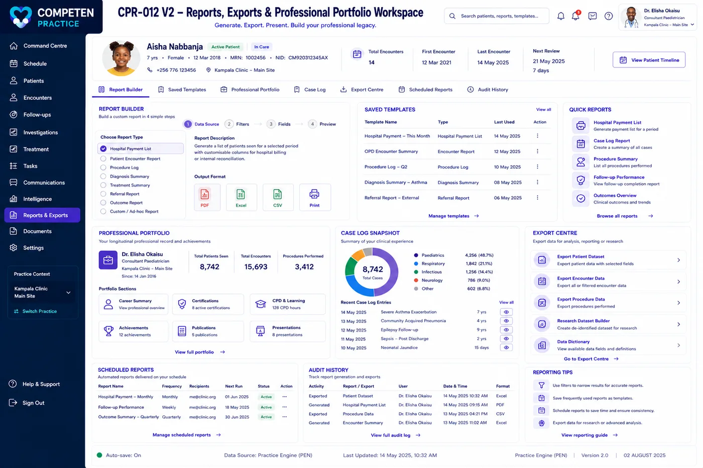 The reports, exports and professional portfolio workspace showing a report builder, saved templates, professional portfolio sections, case log snapshot and export centre