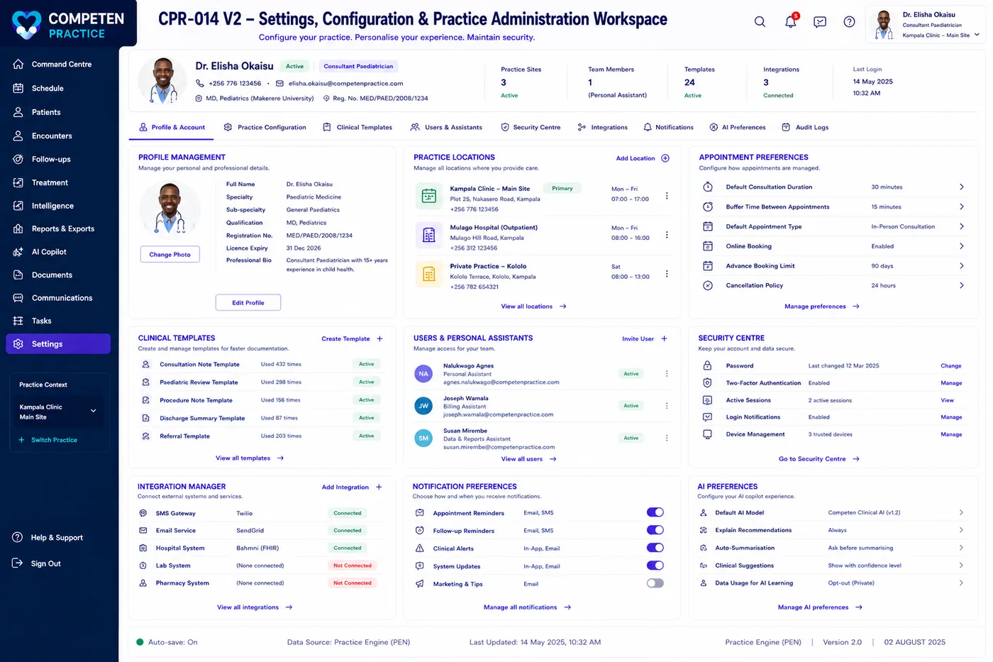 The settings and practice administration workspace showing profile management, practice locations, appointment preferences, clinical templates, users, security centre and integration manager