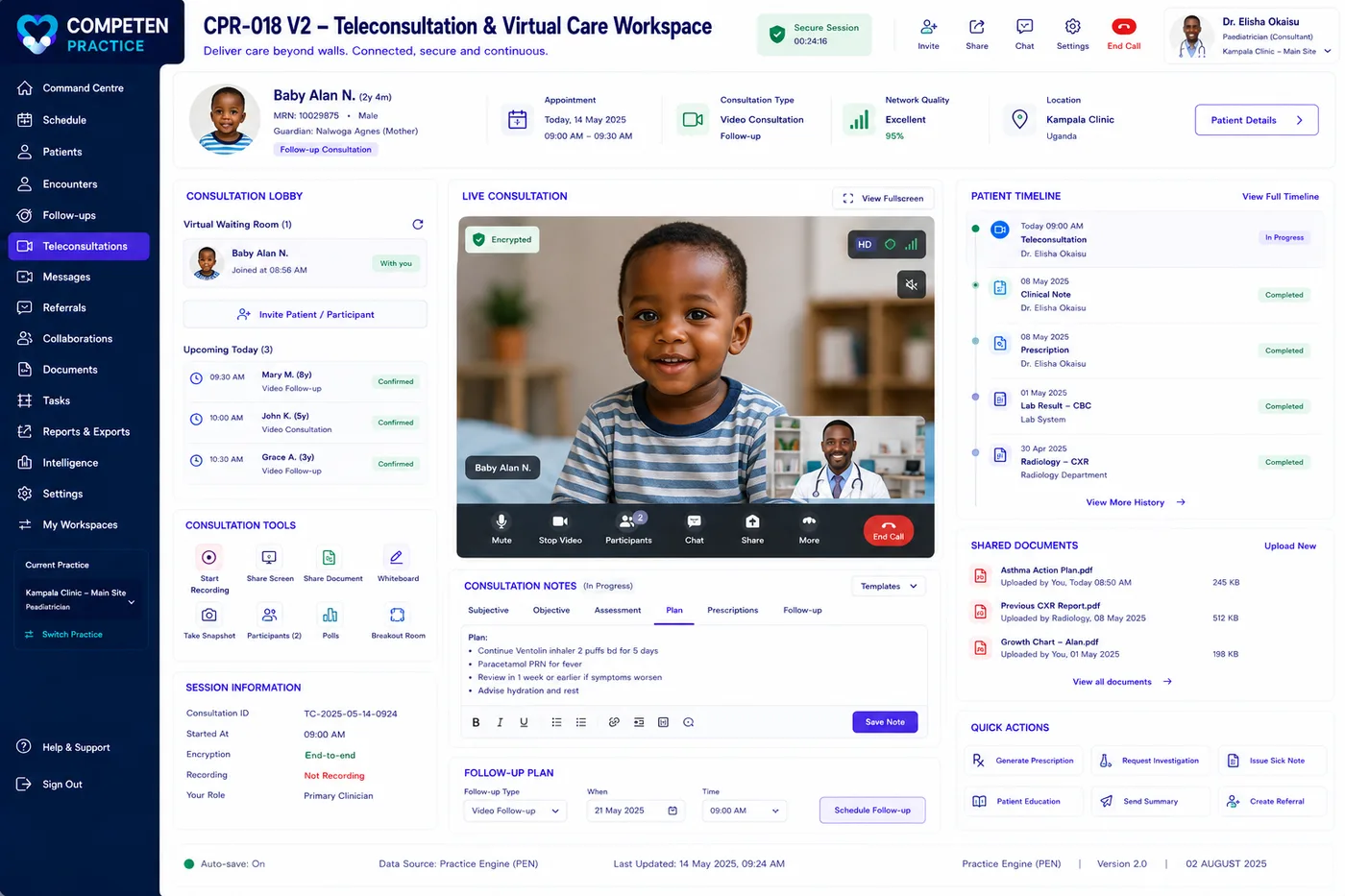 The teleconsultation workspace showing a live encrypted video consultation, consultation lobby, patient timeline, shared documents and structured consultation notes