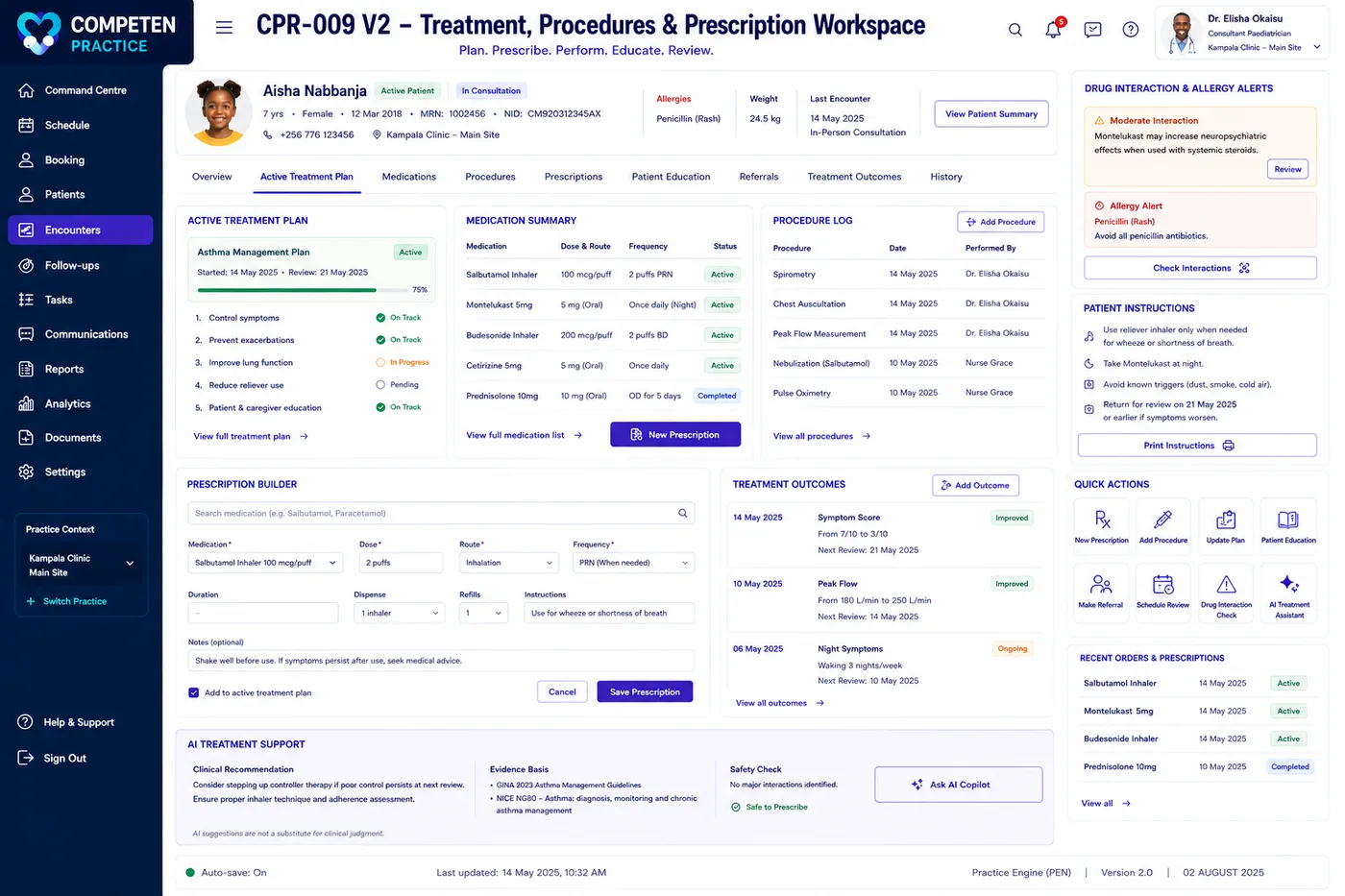 The treatment, procedures and prescription workspace showing an active treatment plan, medication summary, procedure log, prescription builder and interaction alerts
